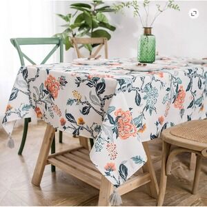 DriftAway Floral Tablecloth 54x72 Rectangular Tassel Trim White Orange Teal Boho